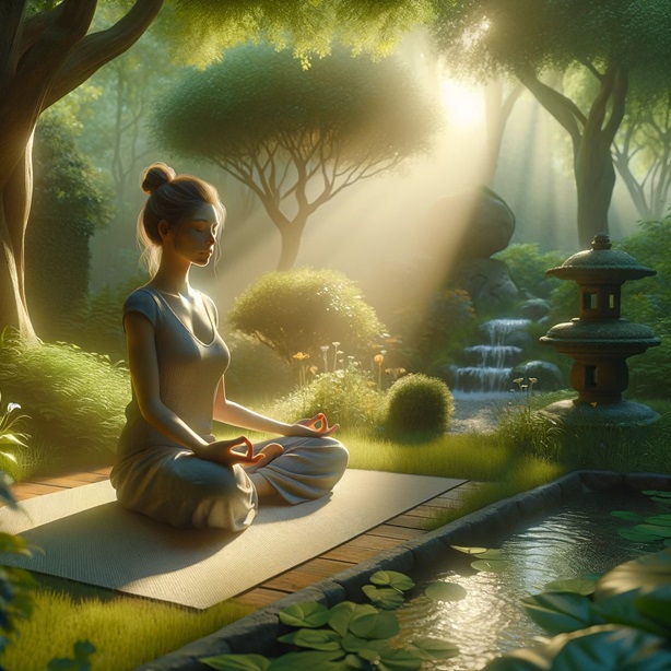 Woman Practicing Mindfulness Meditation in a Tranquil Garden