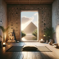 Serene meditation space with hieroglyphic adorned walls framing a view of the Great Pyramid