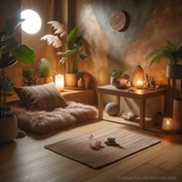 Zen meditation nook with soft cushions, crystals, and ambient lighting, creating a warm and peaceful atmosphere for reflection