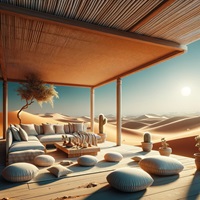 Open-air desert meditation lounge with panoramic dune views at sunrise