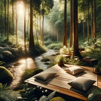 Meditation deck by a forest stream with cushions for serene contemplation, sunlight filtering through the trees