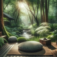 Secluded Forest Stream Meditation Area with Soft Cushions and Lush Greenery