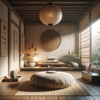 Elegant Japanese Zen meditation room with tatami flooring, paper lanterns, and a tranquil water feature