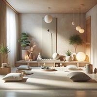 Zen meditation room with soft lighting, natural elements, and a calm atmosphere