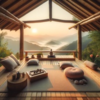 Tranquil meditation on a bamboo deck with a breathtaking mountain view at sunrise, surrounded by lush plants and a tea set