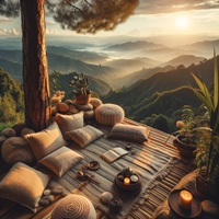 Serene mountaintop meditation area with plush cushions and majestic sunrise over mountain ranges