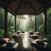 A serene meditation pagoda in a lush rainforest, with plush cushions for peaceful reflection