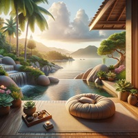 Tranquil meditation area overlooking a serene seascape with lush surroundings at sunrise