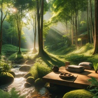 Peaceful meditation area on a wooden platform by a forest creek, surrounded by lush greenery and bathed in sunlight