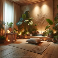 A cozy meditation corner with lush plants, soft lighting, candles, and a calming water feature set against a textured wall with botanical carving