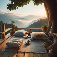 Outdoor meditation space on a mountaintop with plush cushions, a serene sunrise backdrop, and a majestic tree framing the scene