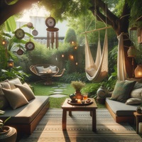 Secluded garden meditation corner with a cream hammock, dreamcatchers, and soft lighting surrounded by lush greenery