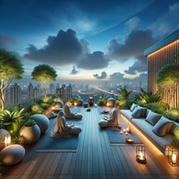 Peaceful urban rooftop meditation space with individuals practicing yoga against a city backdrop at dusk, surrounded by natural greenery and soft lighting
