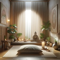 Tranquil meditation room with a centered meditative figure, surrounded by lush plants and candles, invoking serenity and mindfulness