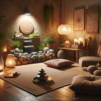 Tranquil meditation room with a centered meditative figure, surrounded by lush plants and candles, invoking serenity and mindfulness