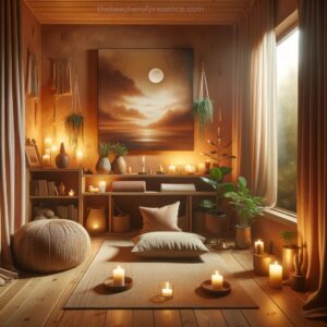 Tranquil meditation room with a full moon painting, soft candlelight, and lush greenery for a serene atmosphere.