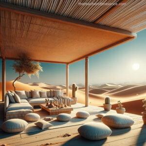 Open-air desert meditation lounge with panoramic dune views at sunrise