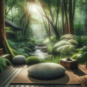 Secluded Forest Stream Meditation Area with Soft Cushions and Lush Greenery