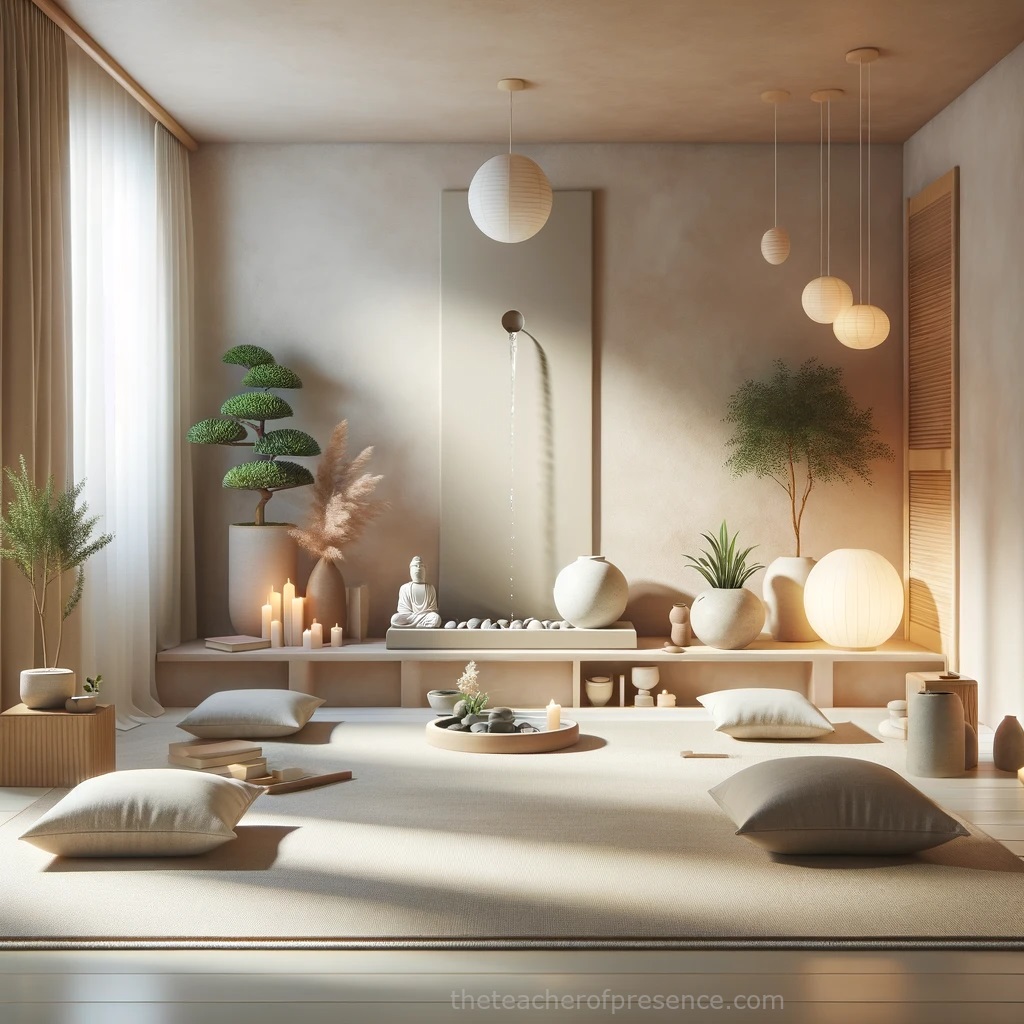 Zen meditation room with soft lighting, natural elements, and a calm atmosphere