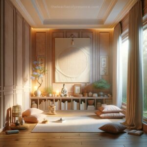 Tranquil Zen meditation room with sunlight filtering through curtains, featuring tatami mats, a wall scroll, and a Buddha statue