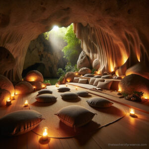 Tranquil cave meditation area with natural rock formations, serene water, and glowing candles