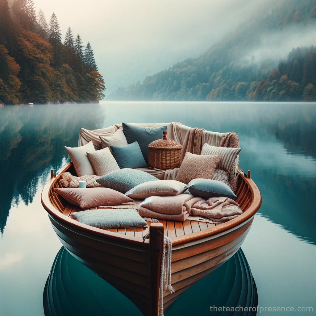 Cozy boat laden with cushions on a misty lake surrounded by forest