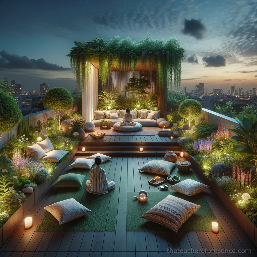 Lush rooftop garden meditation space with city skyline at twilight" title="Urban Rooftop Meditation Oasis