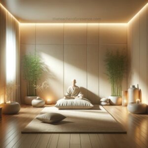 A serene Zen meditation room with a central figure meditating, surrounded by natural elements like bamboo and soft candlelight, embodying peaceful solitude