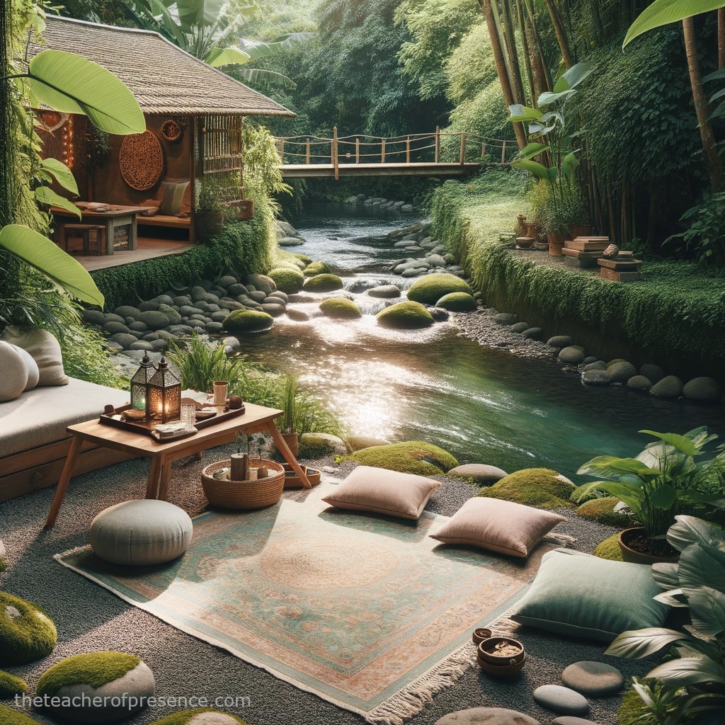A tranquil riverside meditation area with plush cushions and a bamboo bridge amidst lush greenery